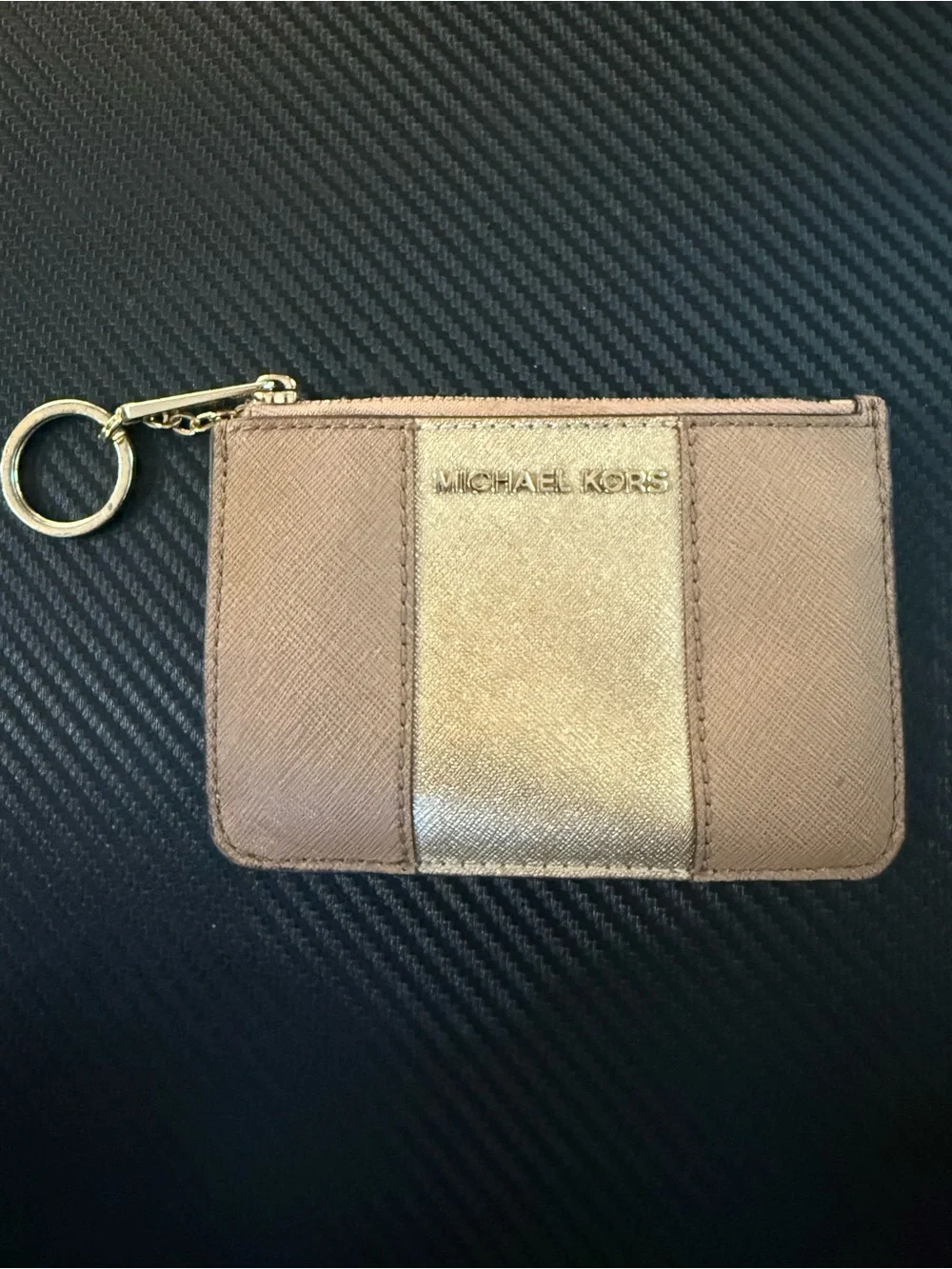 Michael Kors ID and Zippered Coin Pouch with Keyring- Tan and Gold